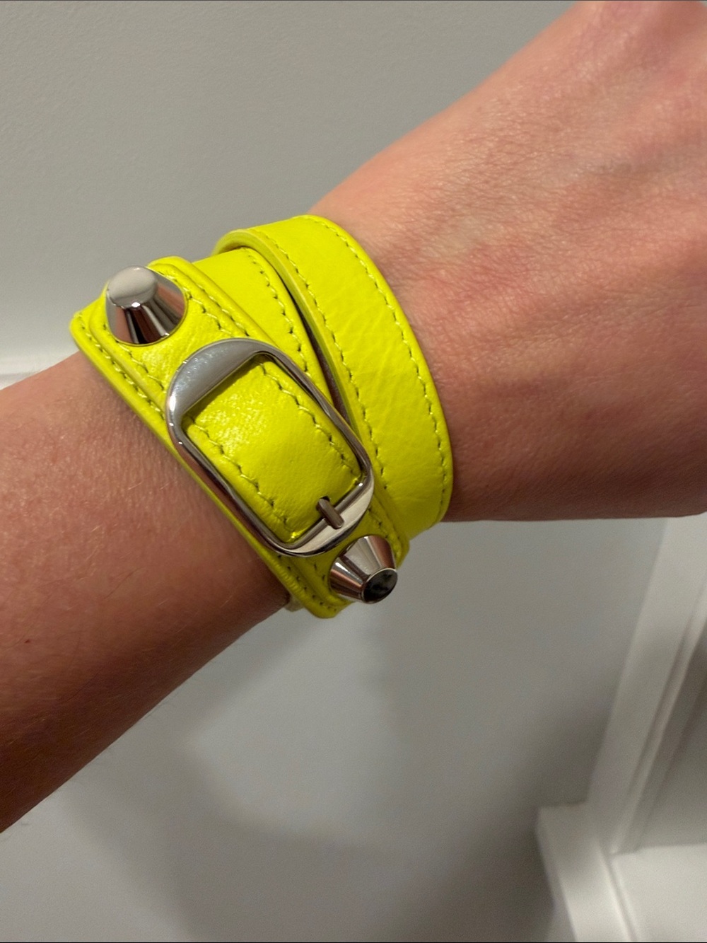 Balenciaga Lambskin Leather Neon Yellow Wrap Stud Bracelet